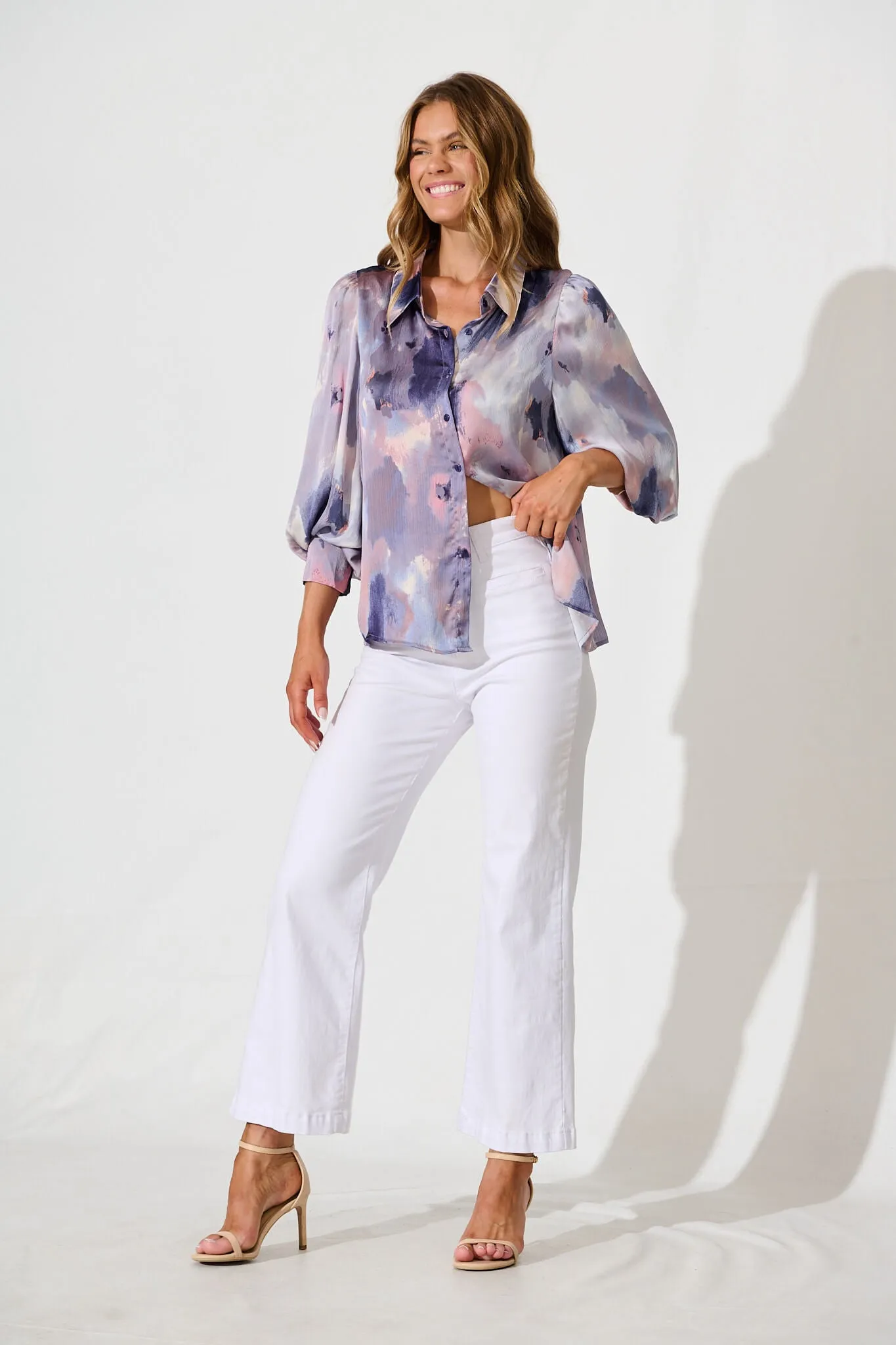 Afternoon Shirt In Pink And Lilac Watercolour Satin