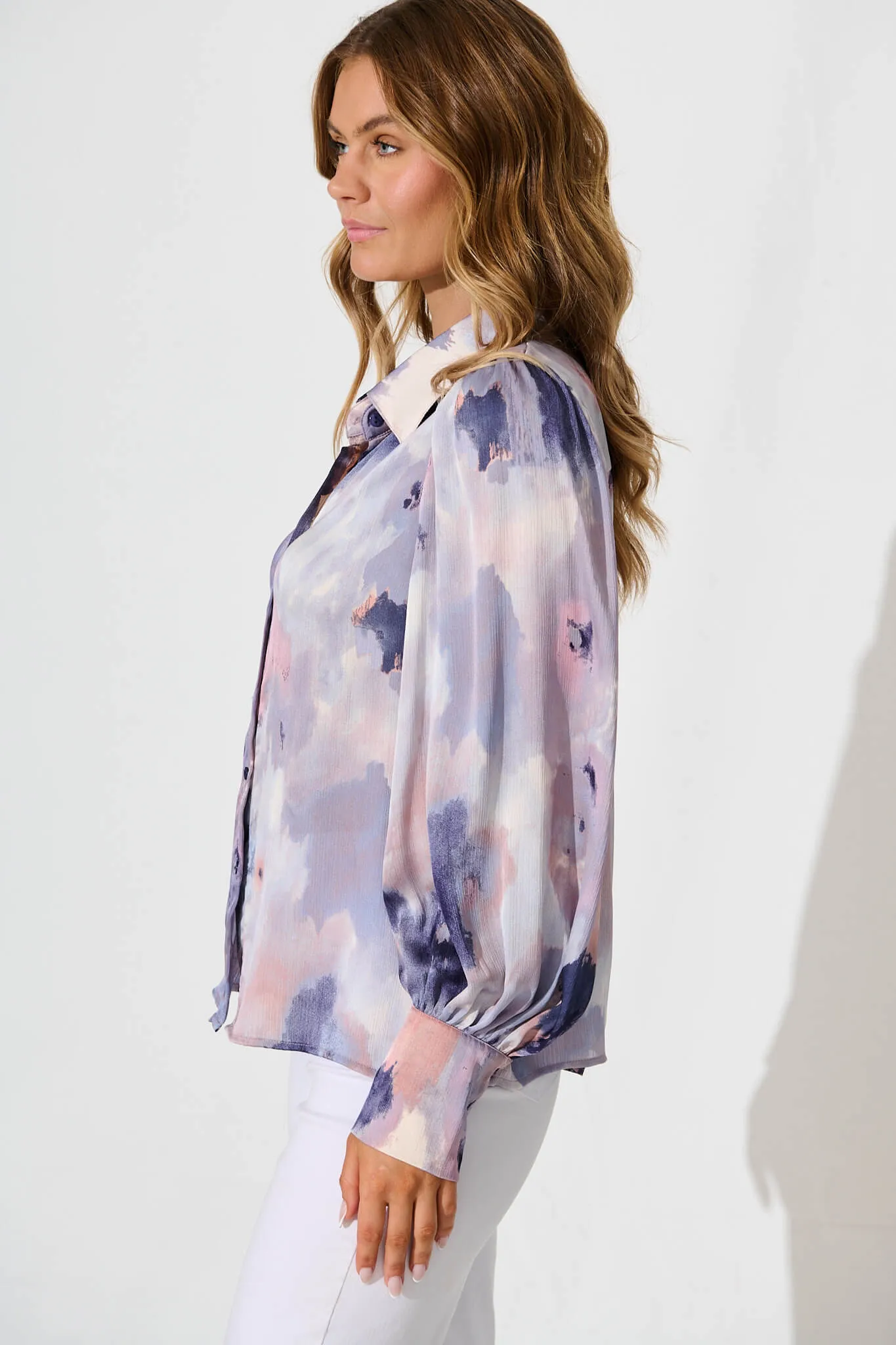 Afternoon Shirt In Pink And Lilac Watercolour Satin