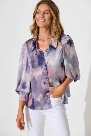 Afternoon Shirt In Pink And Lilac Watercolour Satin
