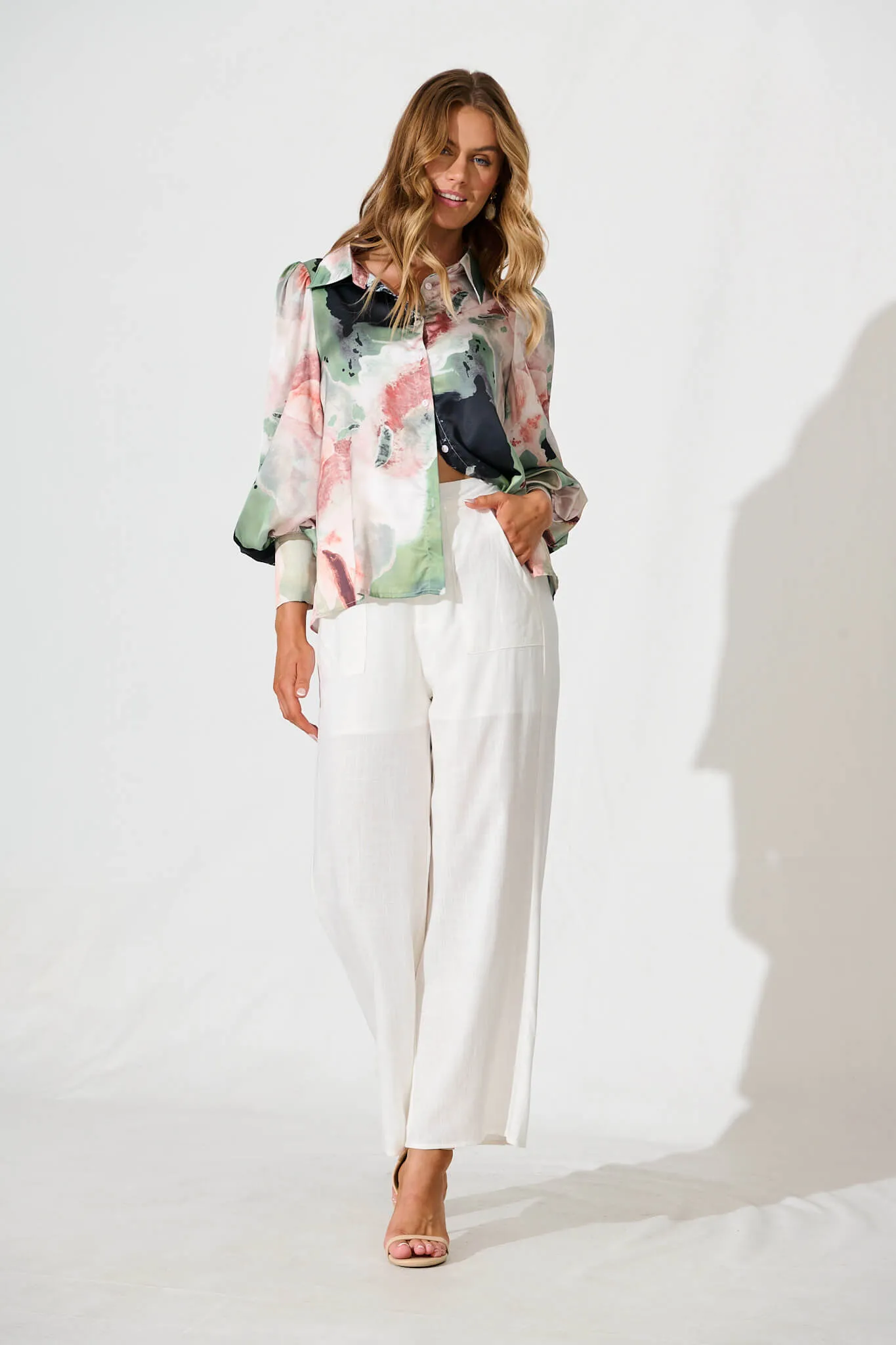 Afternoon Shirt In Sage With Rust Watercolour Satin