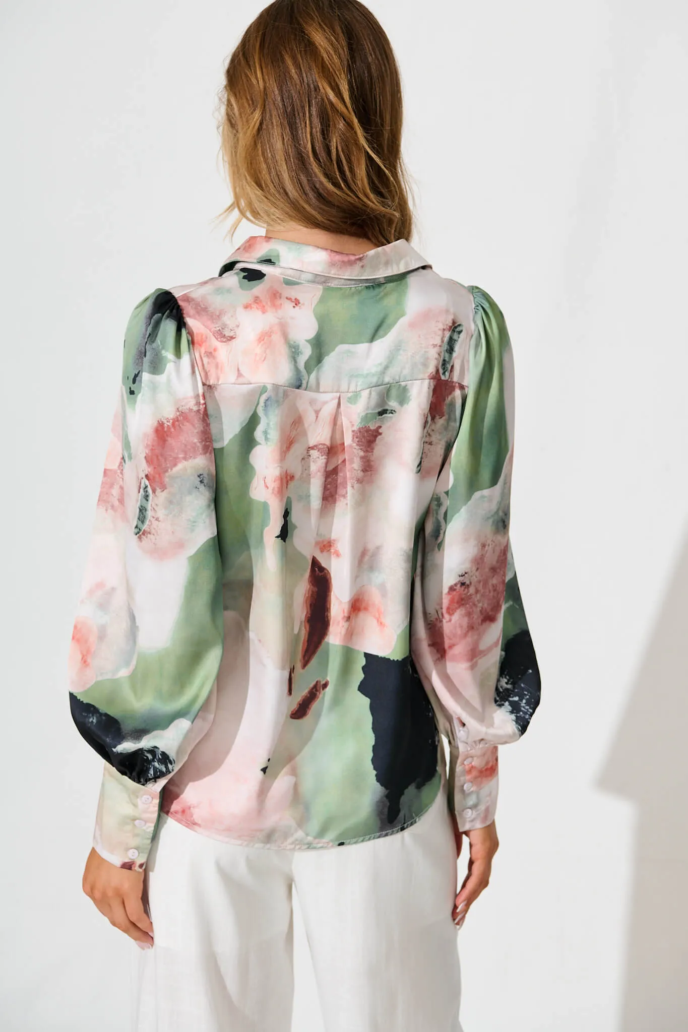 Afternoon Shirt In Sage With Rust Watercolour Satin
