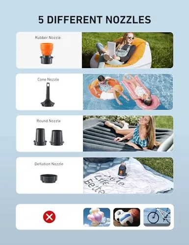AstroAI Mini Air Pump for Inflatables with 3000mAh Battery Portable Air Mattress Pump with Camping Lantern Electric Air Pump with 5 Nozzles Inflate & Deflate Air Mattress, Vacuum Storage Bags (Gray)