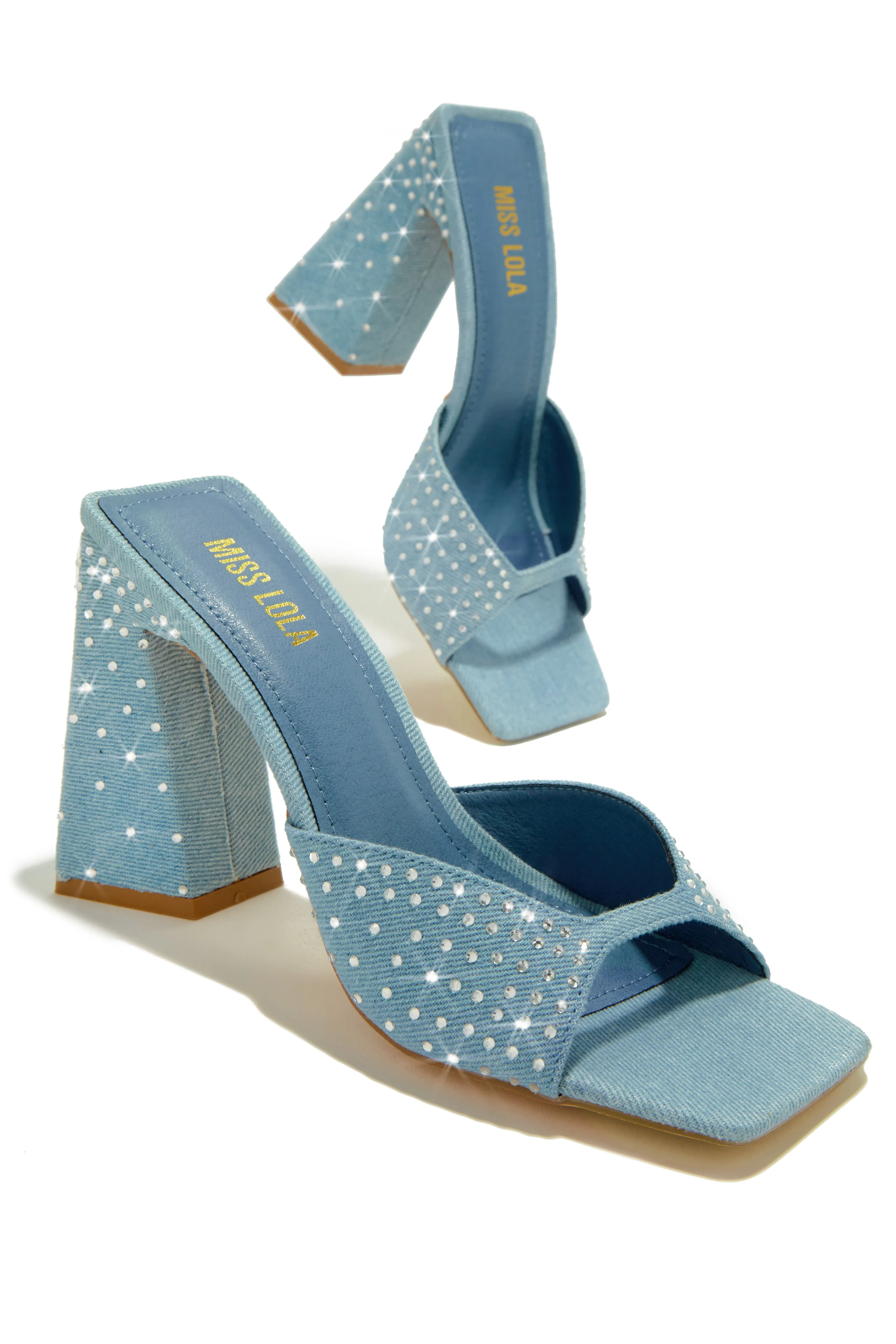 Azaria Embellished Block Heel Mules - Denim