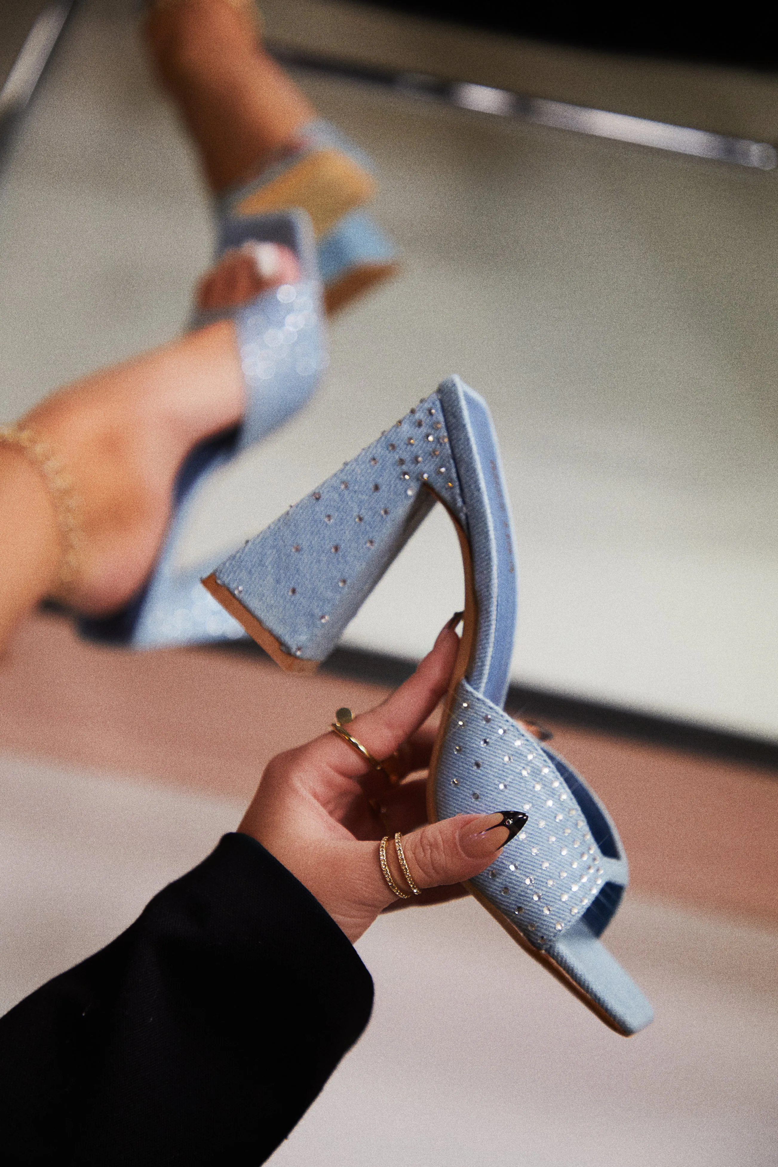 Azaria Embellished Block Heel Mules - Denim