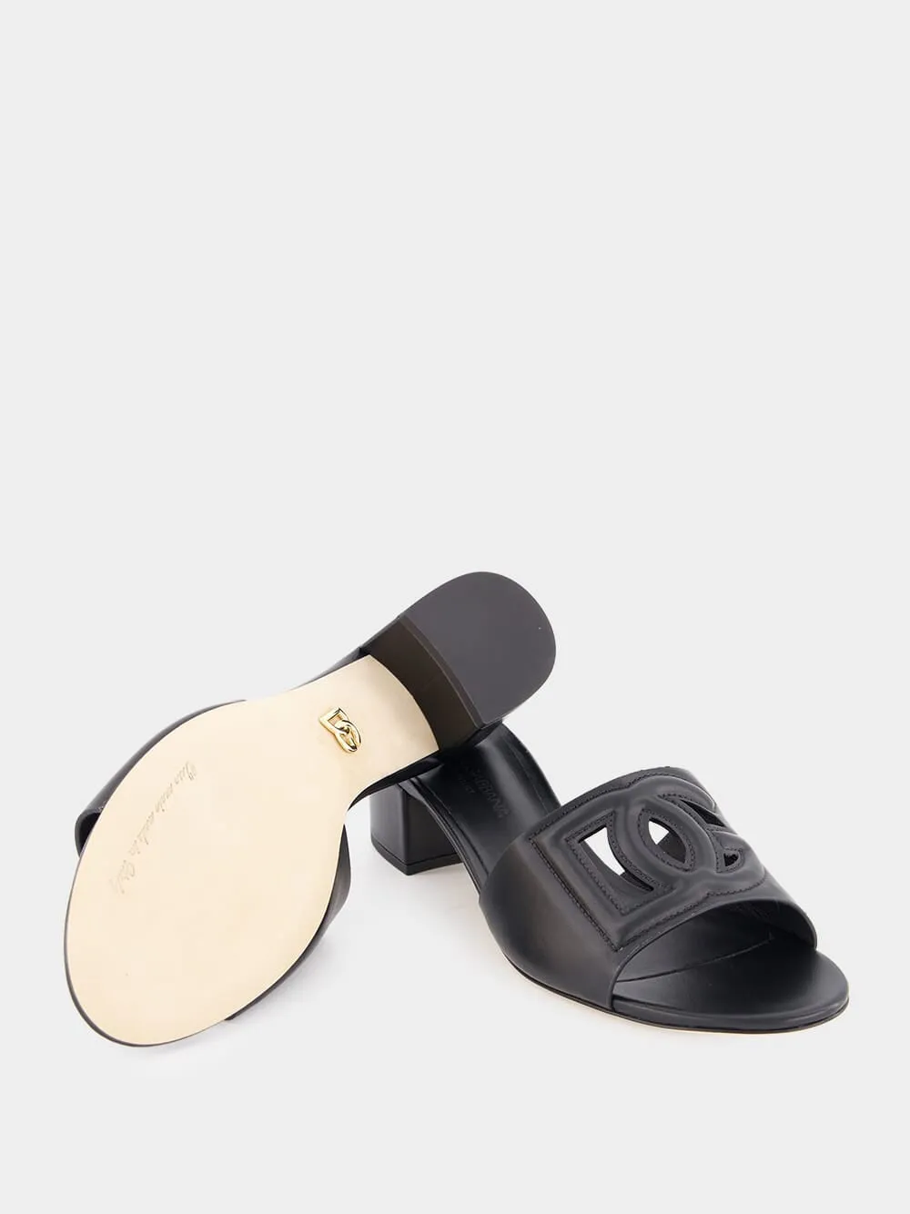 Black Leather Heeled Slides
