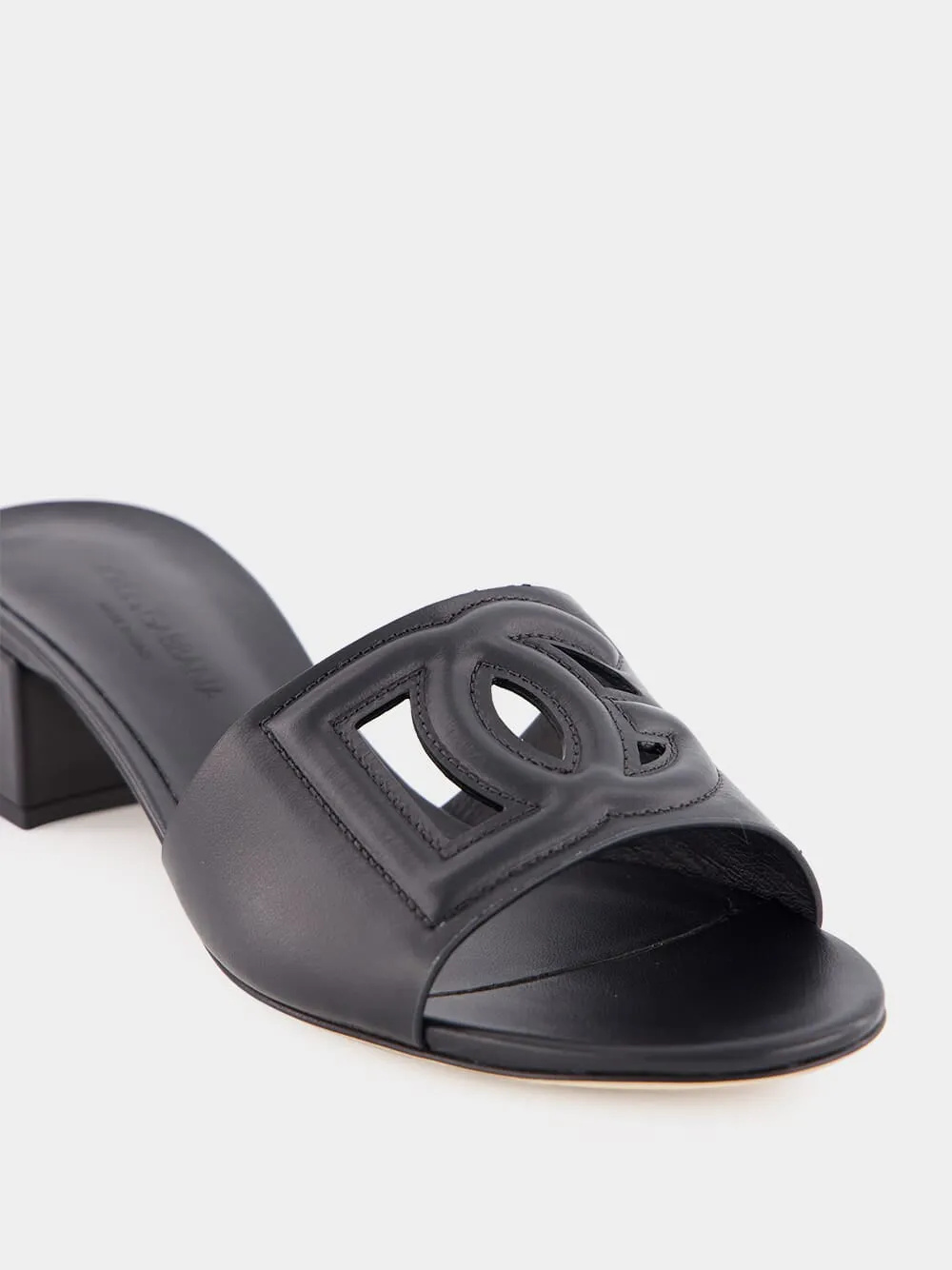 Black Leather Heeled Slides