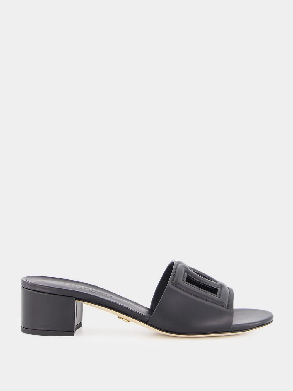 Black Leather Heeled Slides