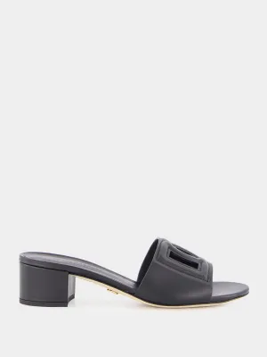 Black Leather Heeled Slides