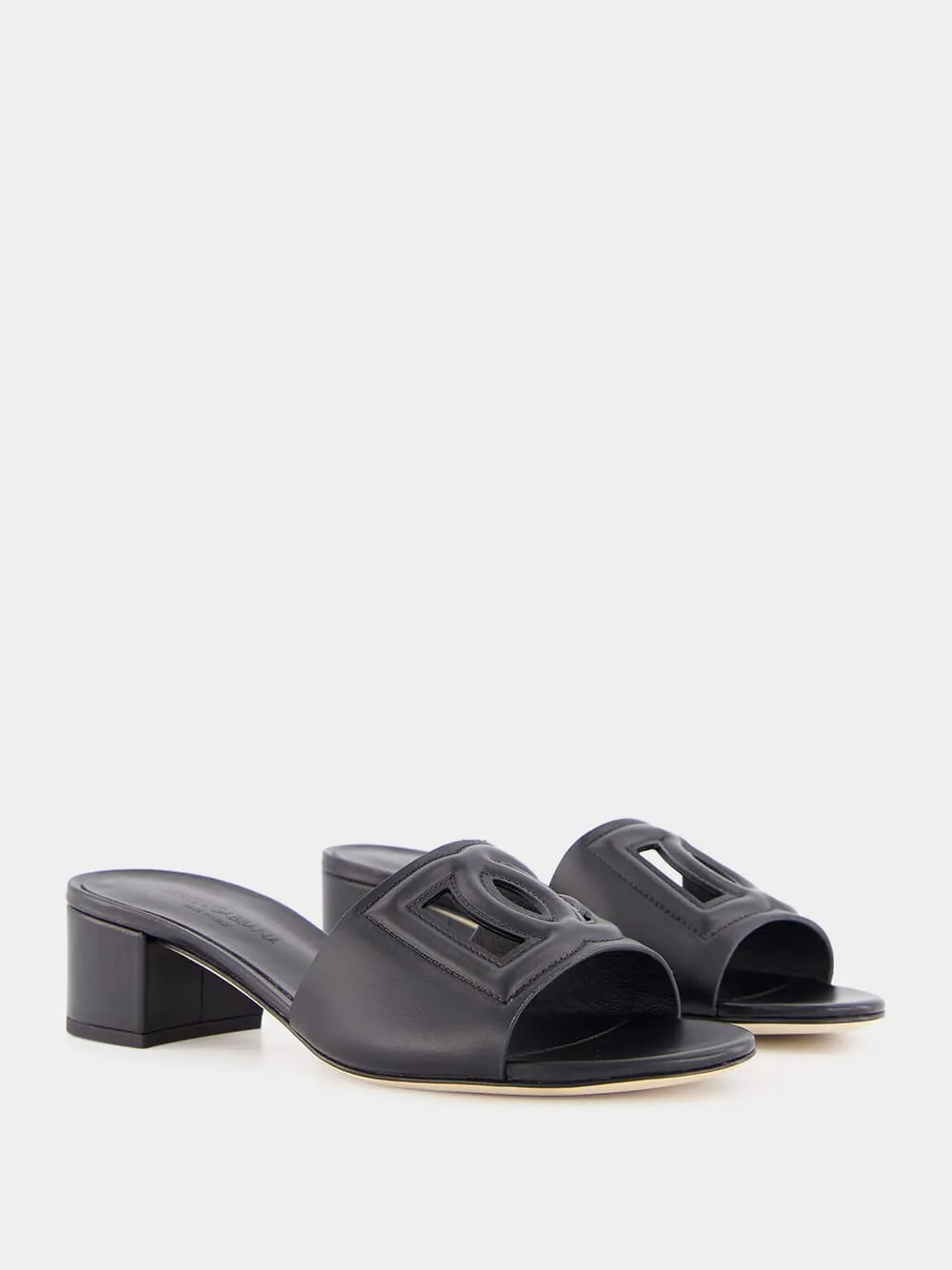 Black Leather Heeled Slides