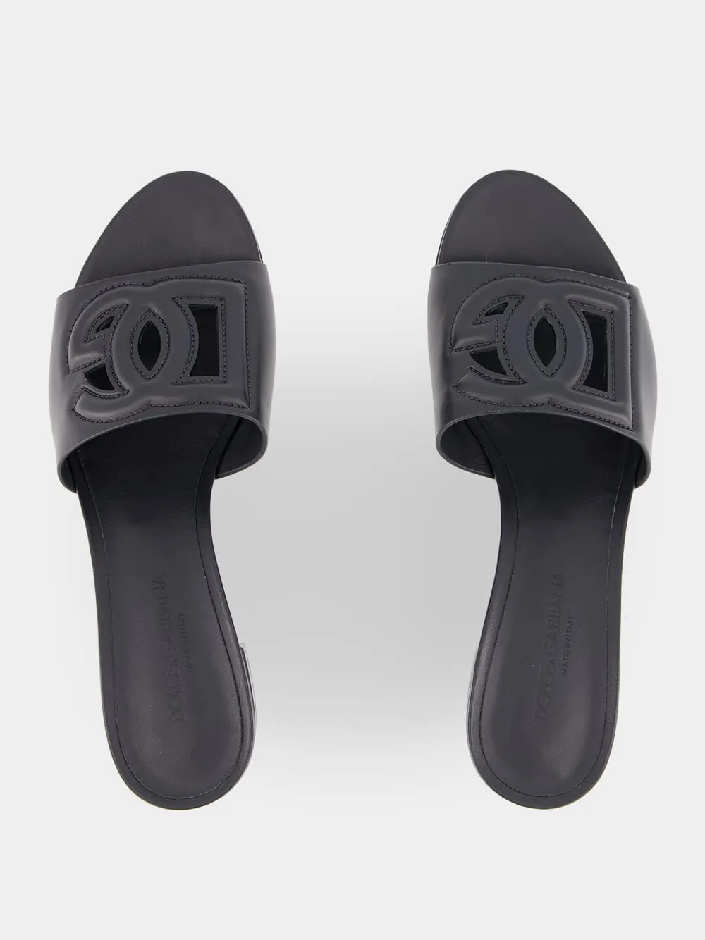 Black Leather Heeled Slides