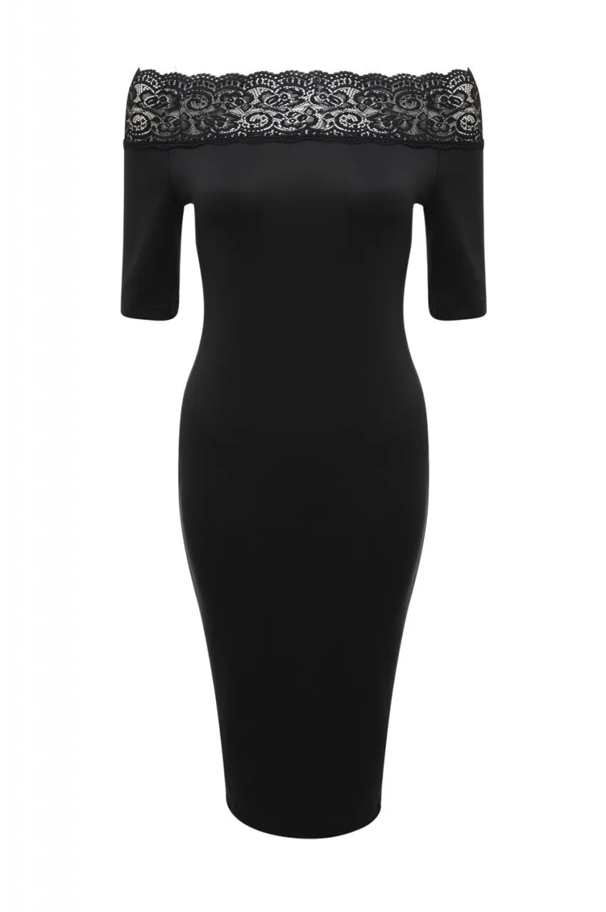 Black Midi Dress with Lace Trim