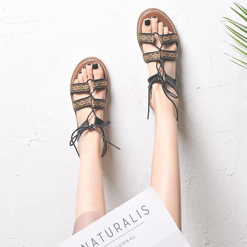 BOOPDO DESIGN ETHNIC PATTERN CROSS STRAP SANDALS