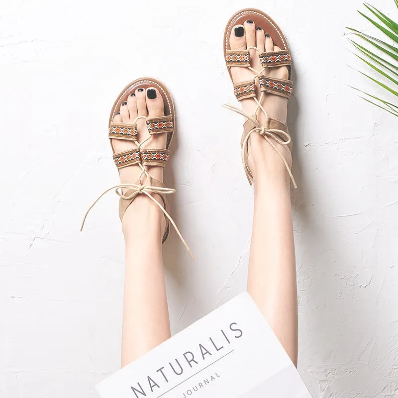 BOOPDO DESIGN ETHNIC PATTERN CROSS STRAP SANDALS
