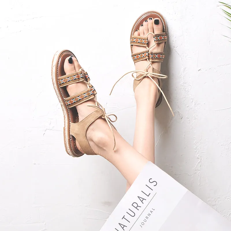 BOOPDO DESIGN ETHNIC PATTERN CROSS STRAP SANDALS