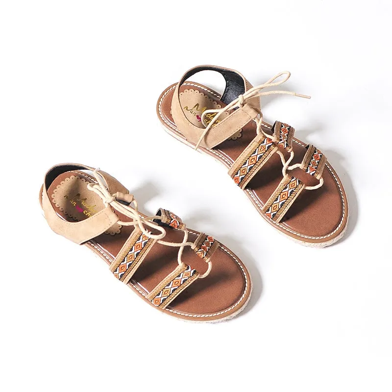 BOOPDO DESIGN ETHNIC PATTERN CROSS STRAP SANDALS