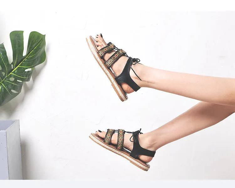 BOOPDO DESIGN ETHNIC PATTERN CROSS STRAP SANDALS