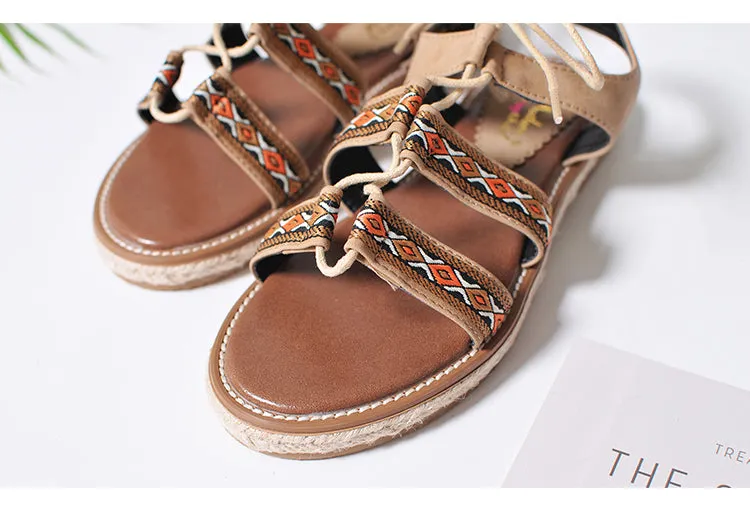 BOOPDO DESIGN ETHNIC PATTERN CROSS STRAP SANDALS