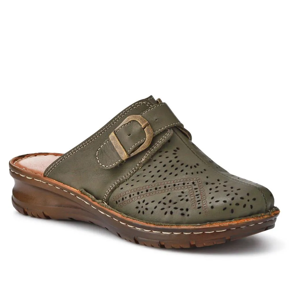 Breathable Leather Buckled Mules - HAK41010 / 327 464