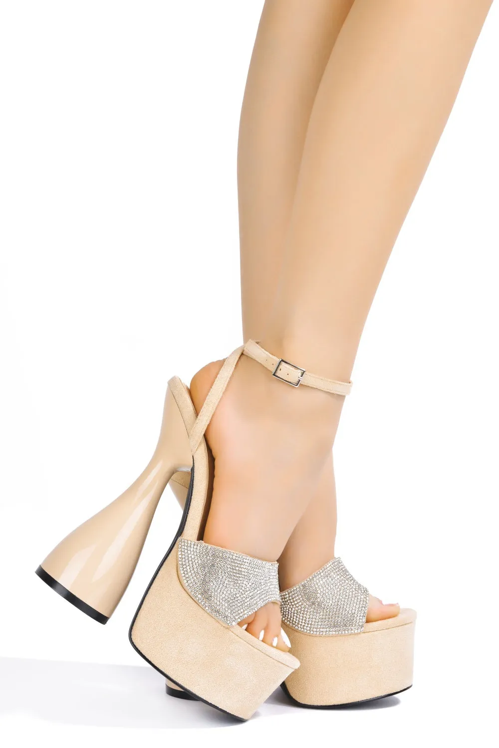 Cape Robbin LOLLA Nude Super High Heeled Chunky Ankle Strap Rhinestone Sandals