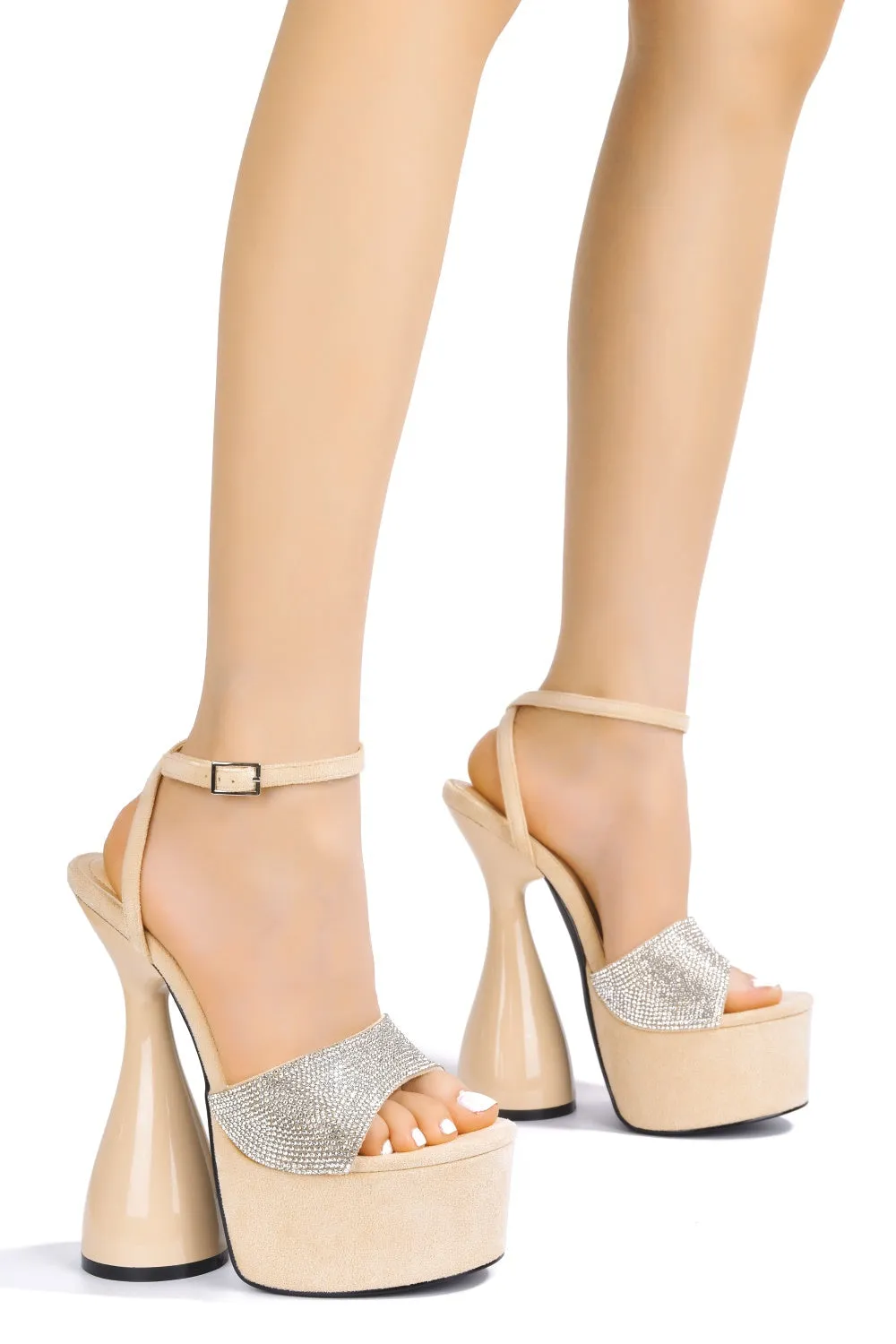 Cape Robbin LOLLA Nude Super High Heeled Chunky Ankle Strap Rhinestone Sandals