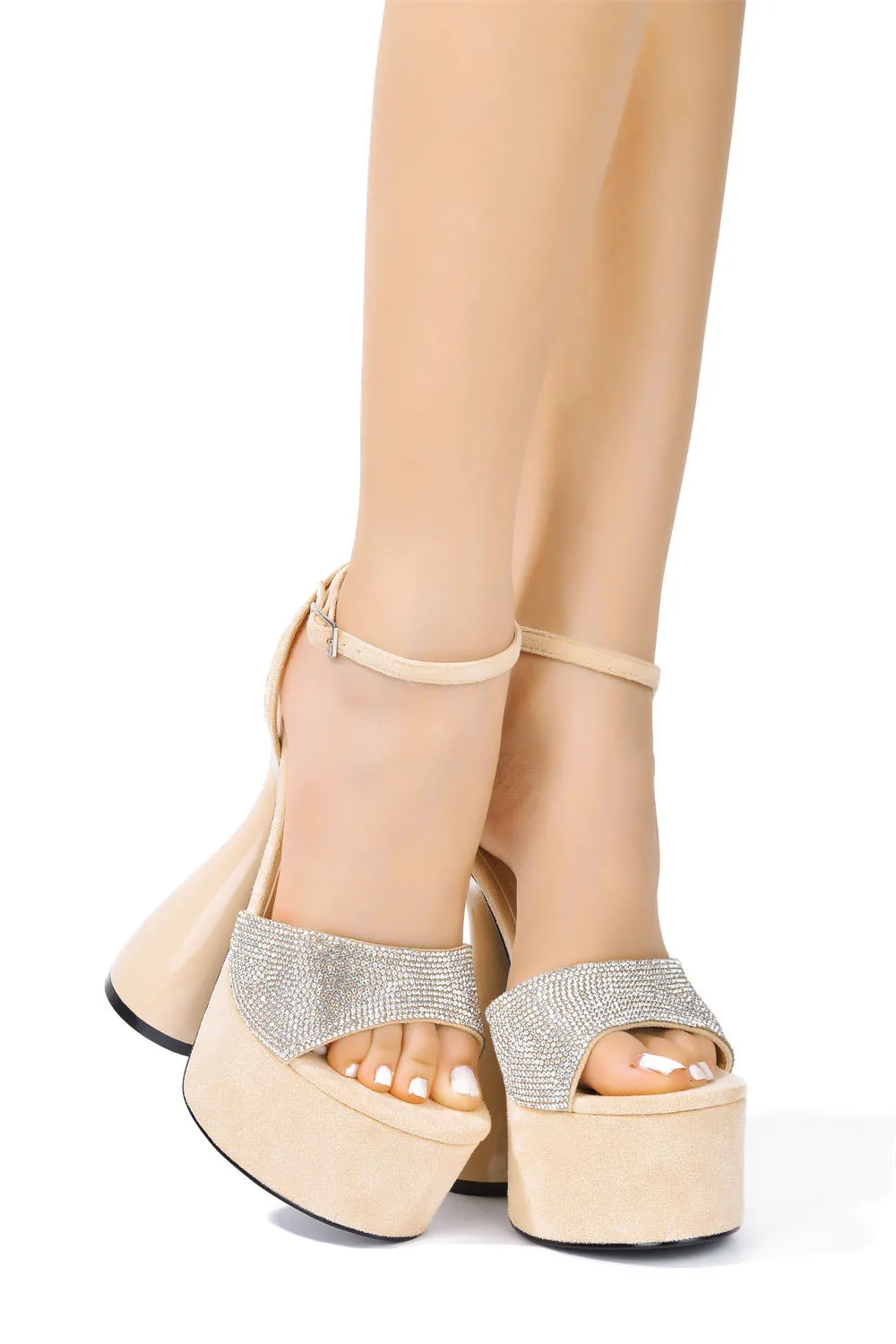 Cape Robbin LOLLA Nude Super High Heeled Chunky Ankle Strap Rhinestone Sandals