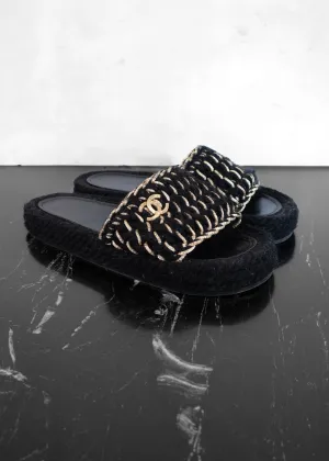Chanel Braided Knit Black Gold CC Mules