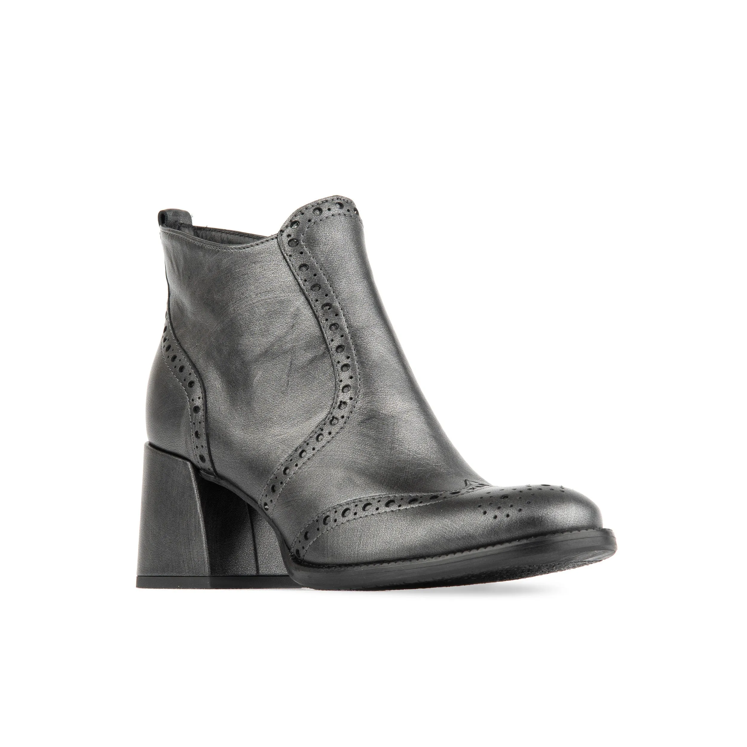 Chloe Low - Black Silver - Women's block heel ankle leather boot with brogue details