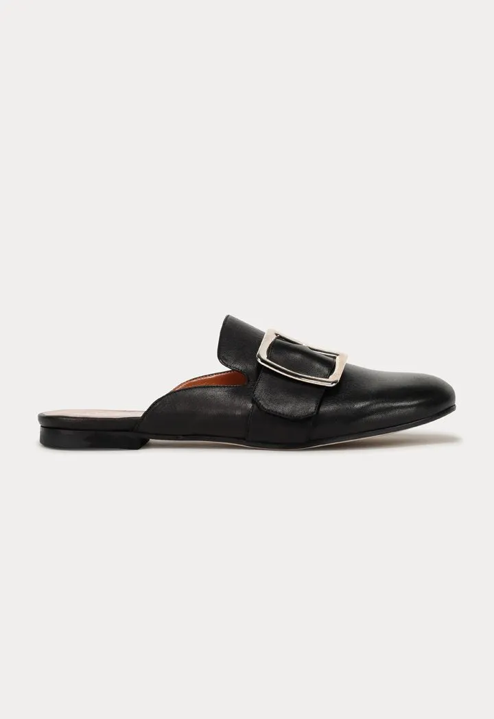 Choice Round Toe Buckled Flat Mules Black