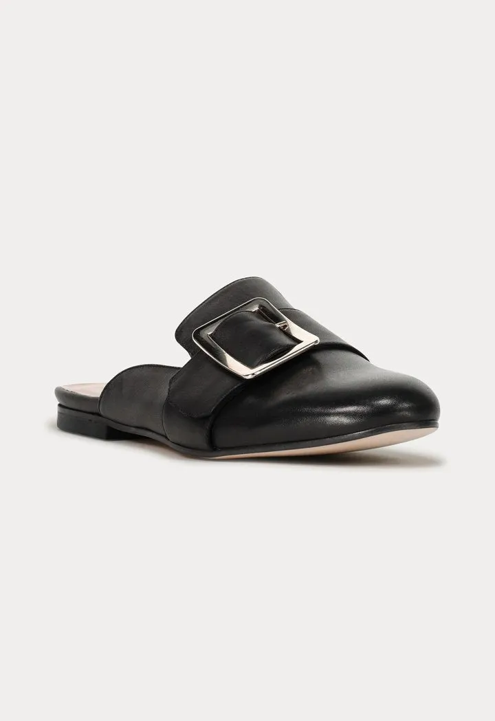 Choice Round Toe Buckled Flat Mules Black