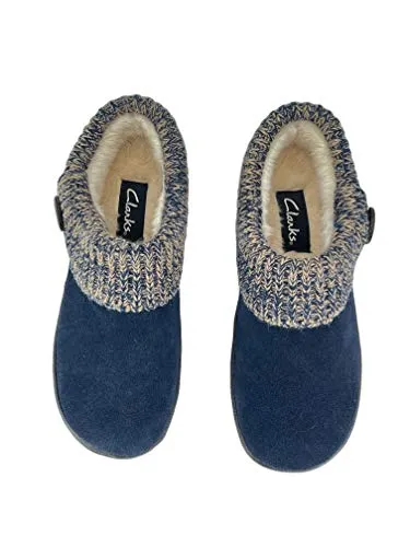 Clarks Amanda Dark Navy Suede Leather Knitted Collar Clog Plush Faux Fur Mules