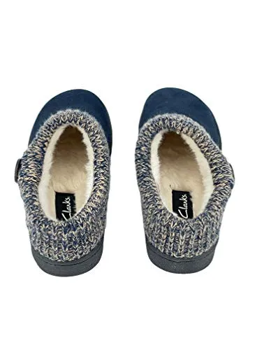 Clarks Amanda Dark Navy Suede Leather Knitted Collar Clog Plush Faux Fur Mules