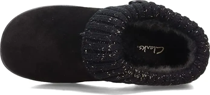 Clarks Black Knitted Collar Winter Clog Rounded Closed Toe Slippers