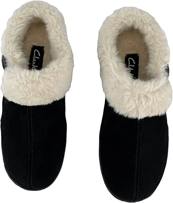 Clarks Black Suede Leather Faux Fur Lined Comfortable Round Toe Ankle Slippers