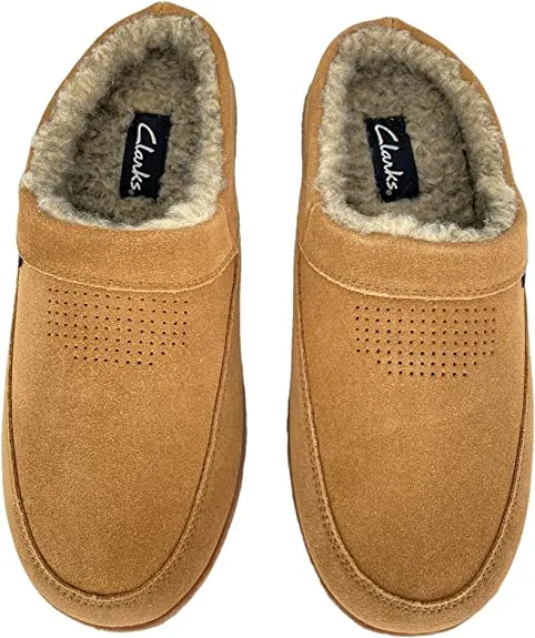 Clarks Mens Slipper Perforated Suede Leather Upper JMS0721 - Warm Plush Sherpa Lining - Indoor Outdoor House Slippers For Men