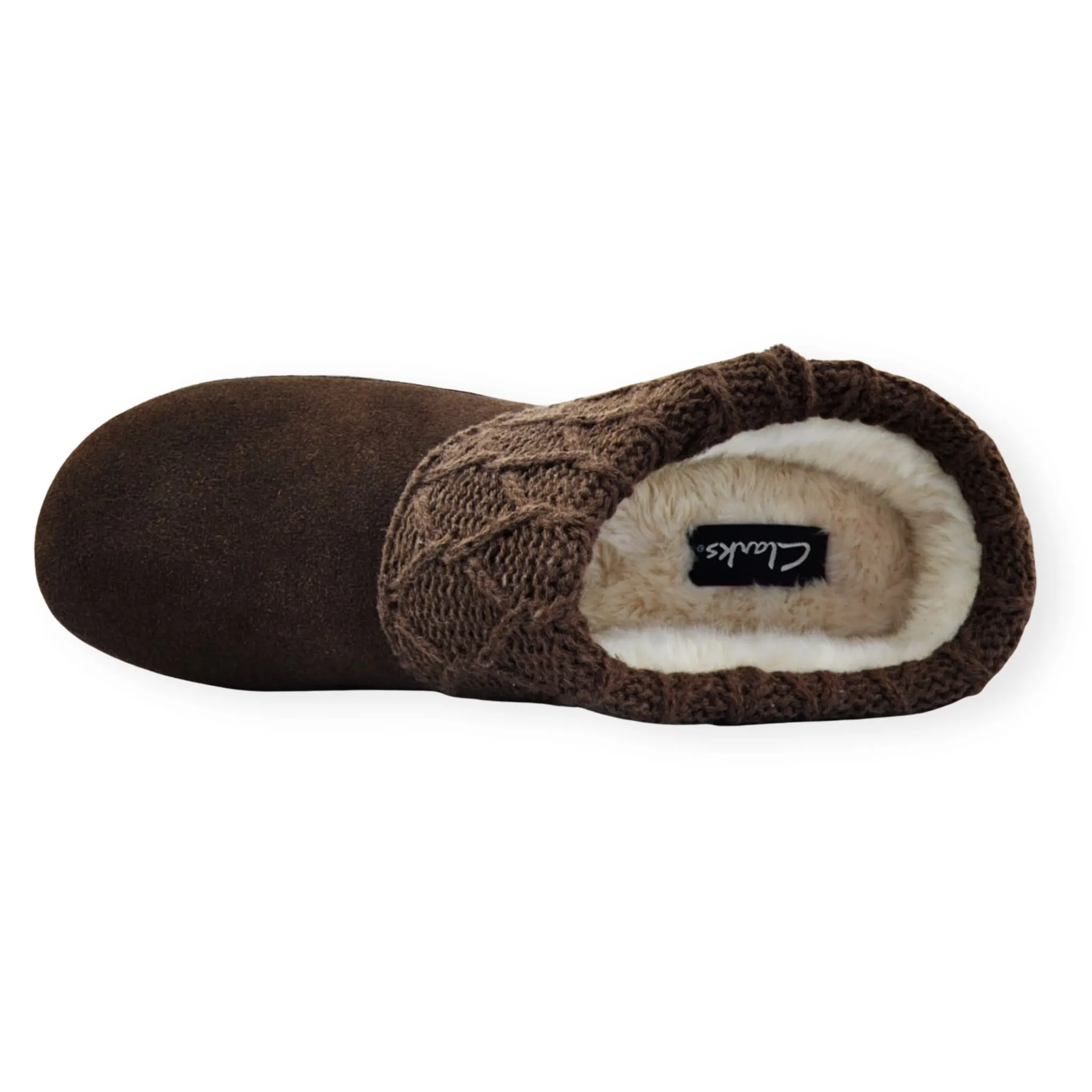 Clarks Scuff Dark Brown Knit Fur Slip On Flat Slipper Rounded Toe Slide Mules