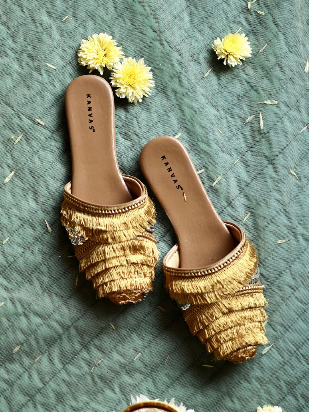 Dusky Gold Fringe Mules