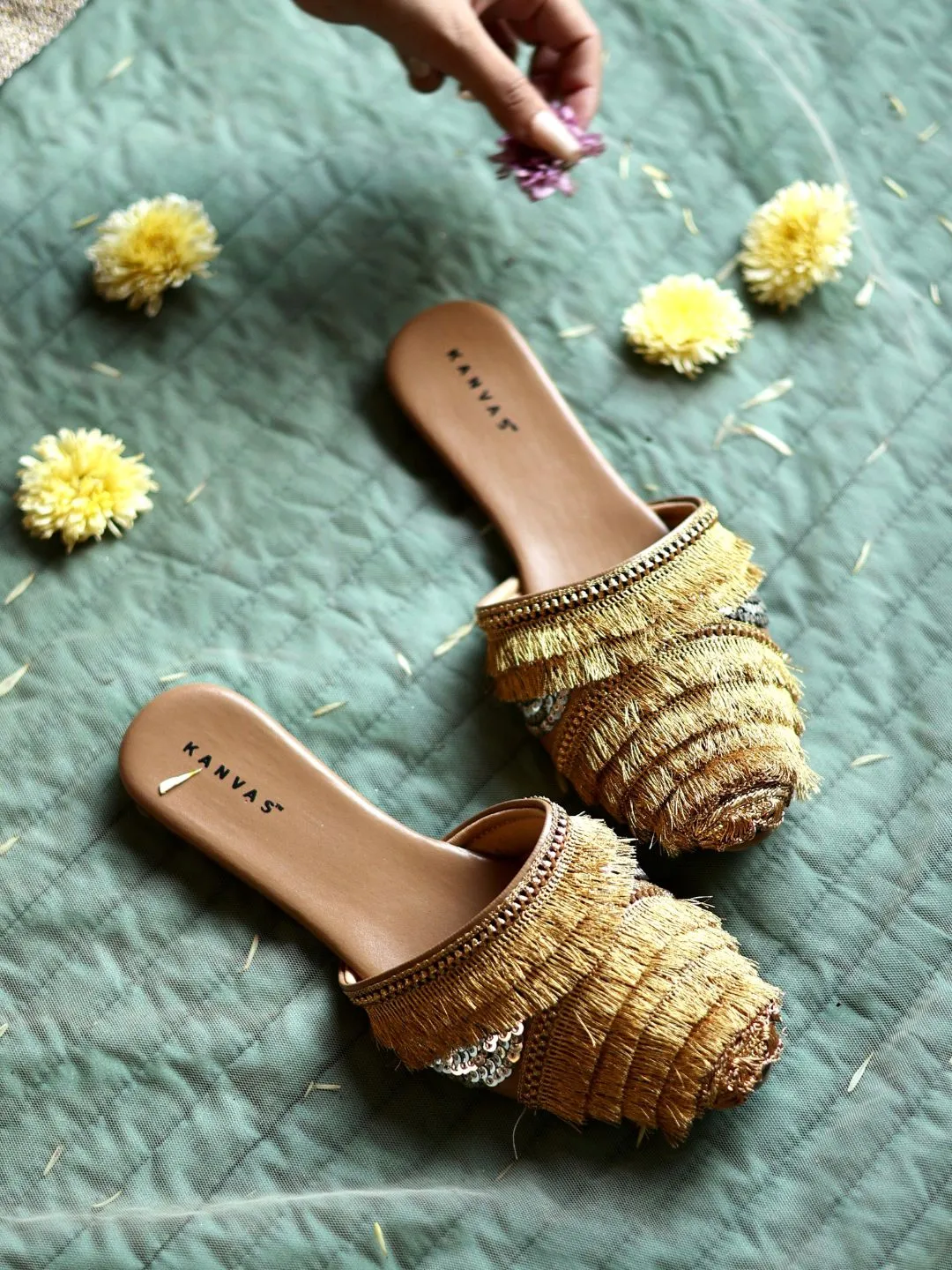 Dusky Gold Fringe Mules