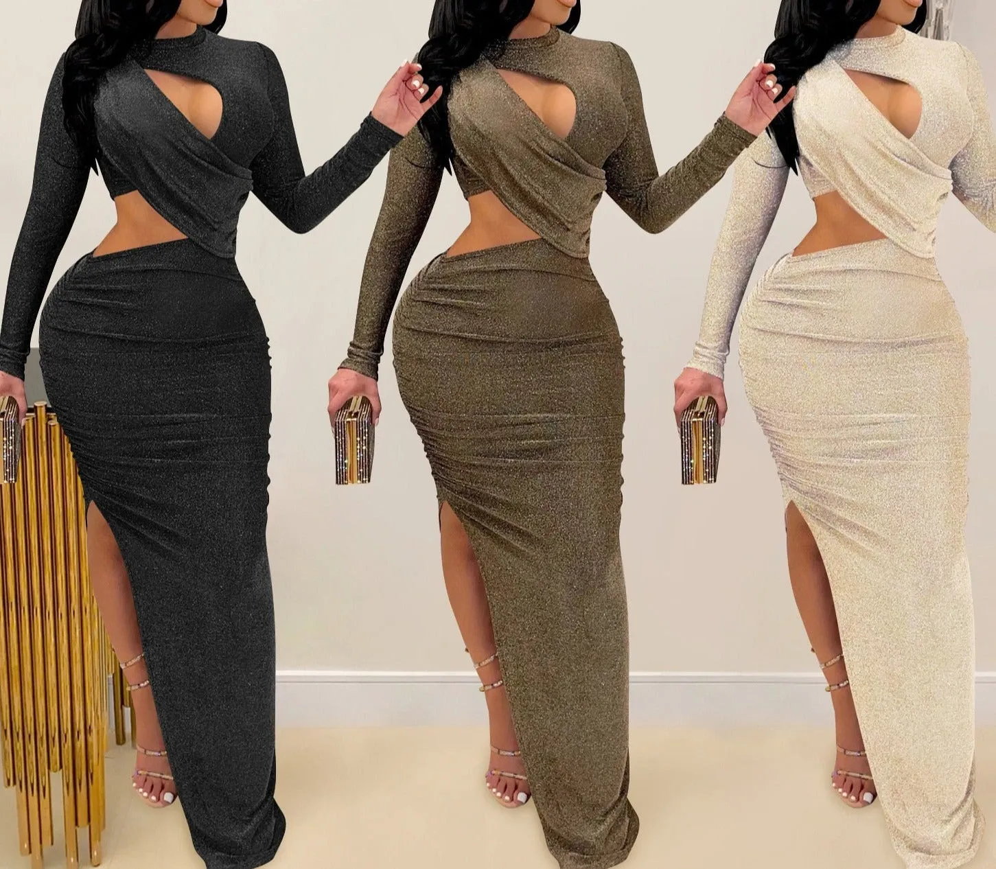 Elegant Glitter Solid Ruched Sexy Dress