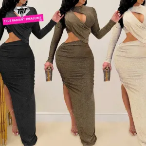 Elegant Glitter Solid Ruched Sexy Dress