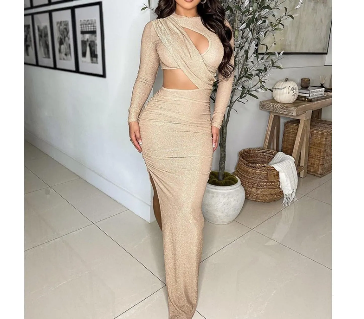 Elegant Glitter Solid Ruched Sexy Dress