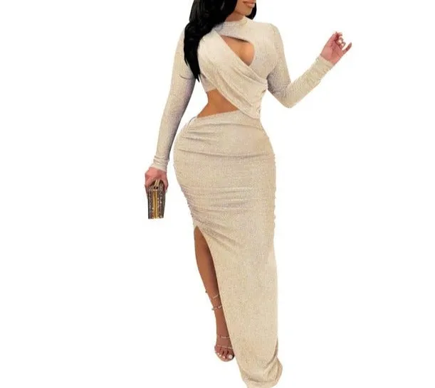 Elegant Glitter Solid Ruched Sexy Dress