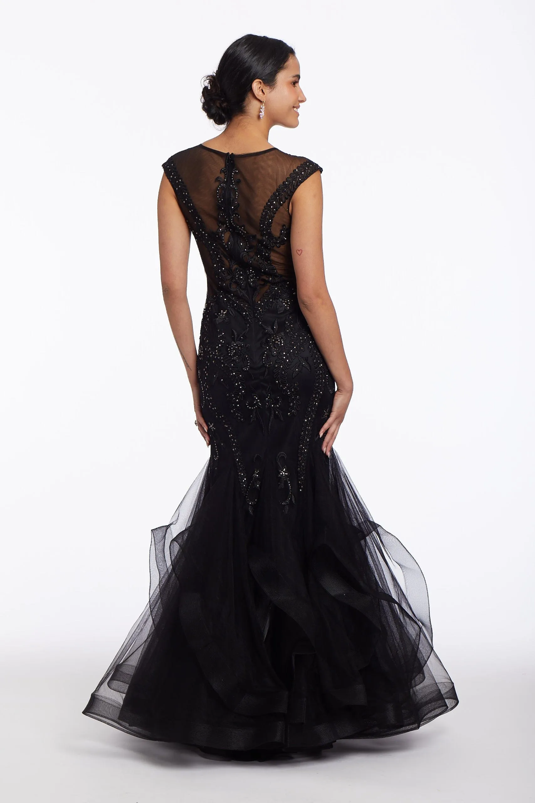 Embroidered Illusion Cap Sleeve Mermaid Dress