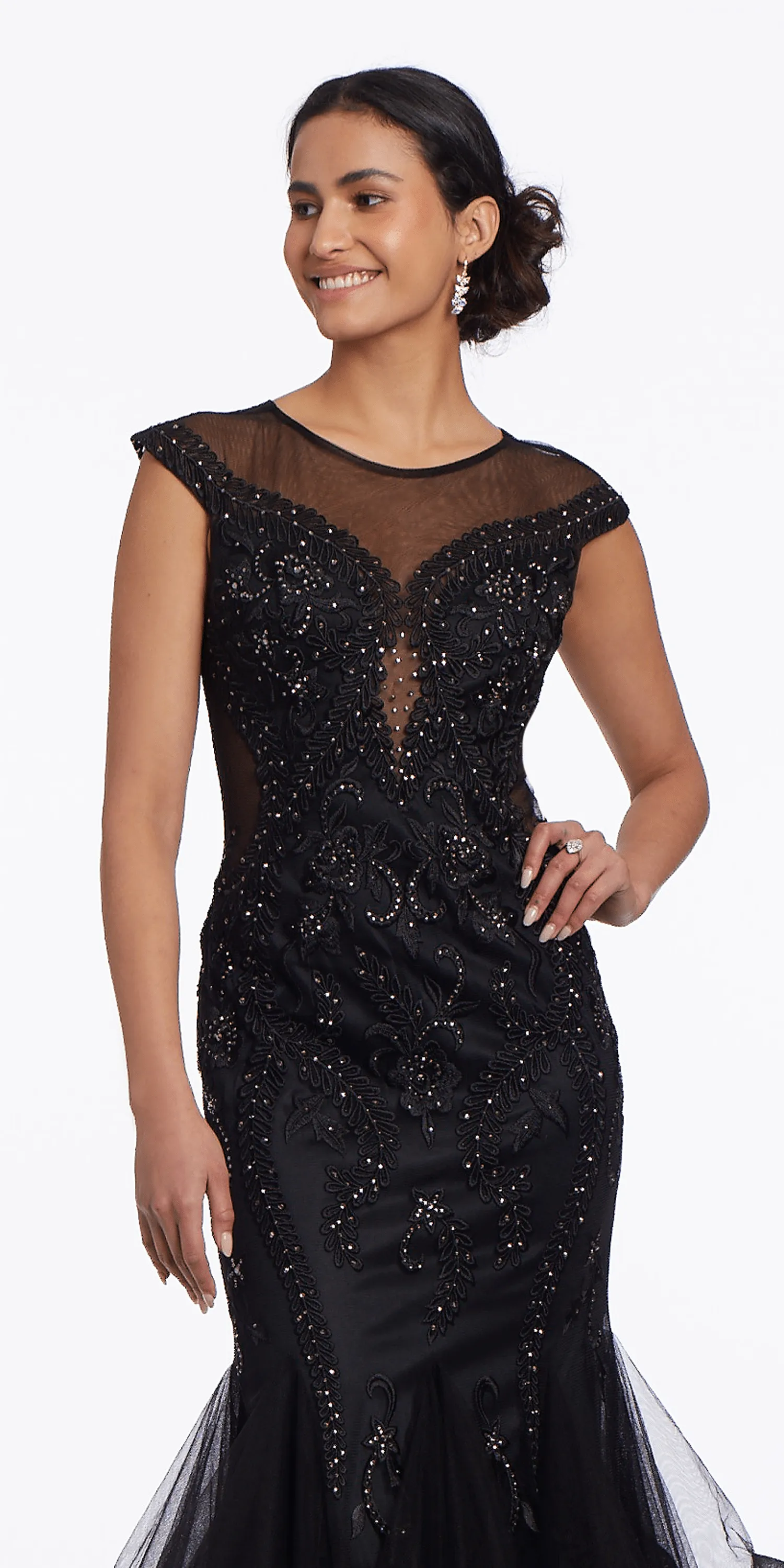 Embroidered Illusion Cap Sleeve Mermaid Dress