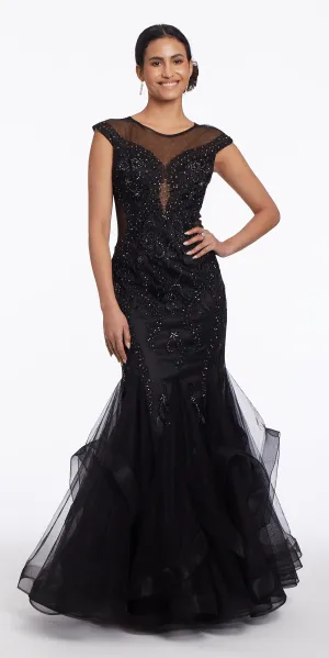 Embroidered Illusion Cap Sleeve Mermaid Dress