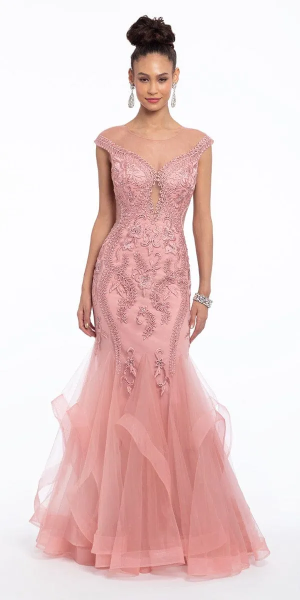 Embroidered Illusion Cap Sleeve Mermaid Dress