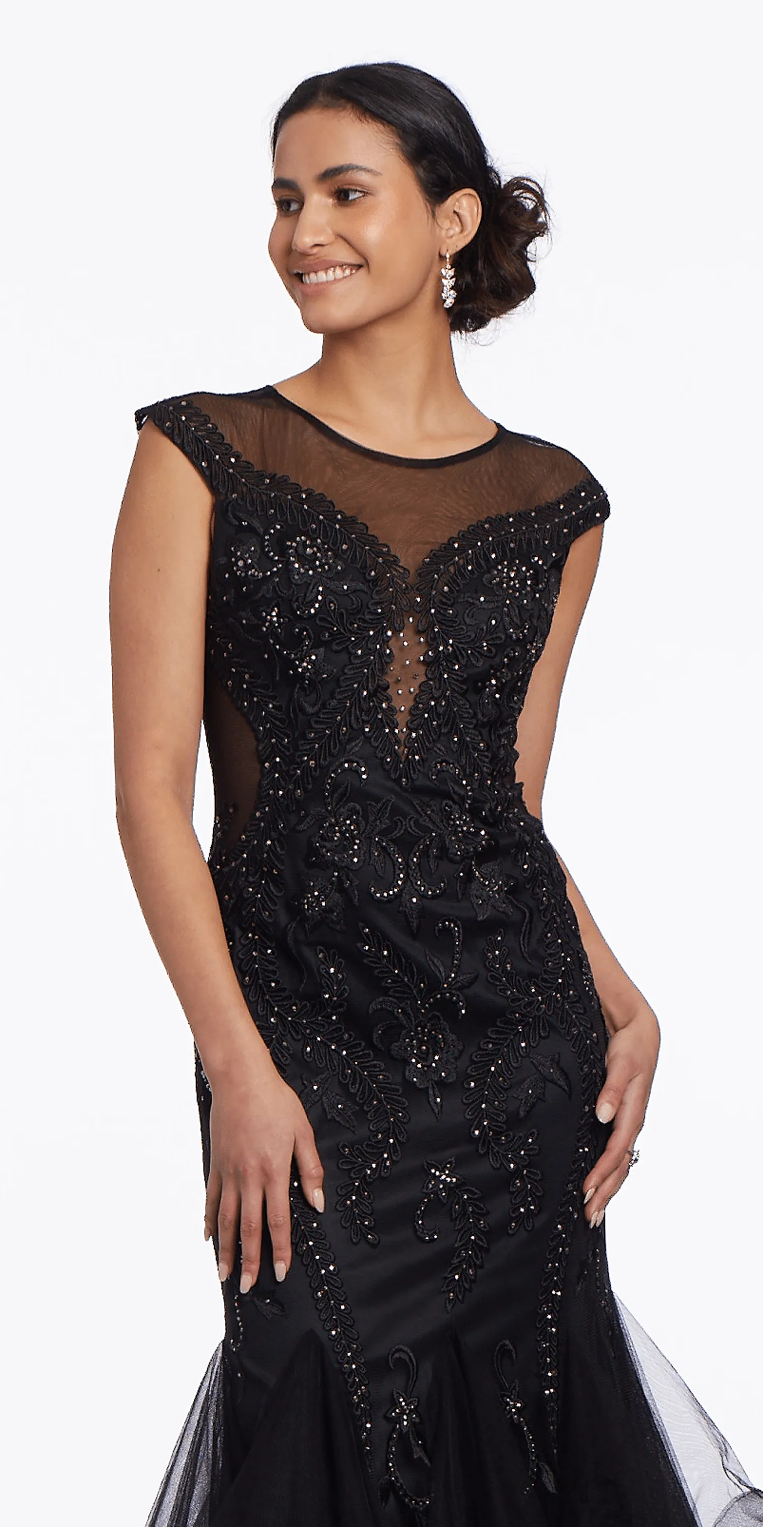 Embroidered Illusion Cap Sleeve Mermaid Dress