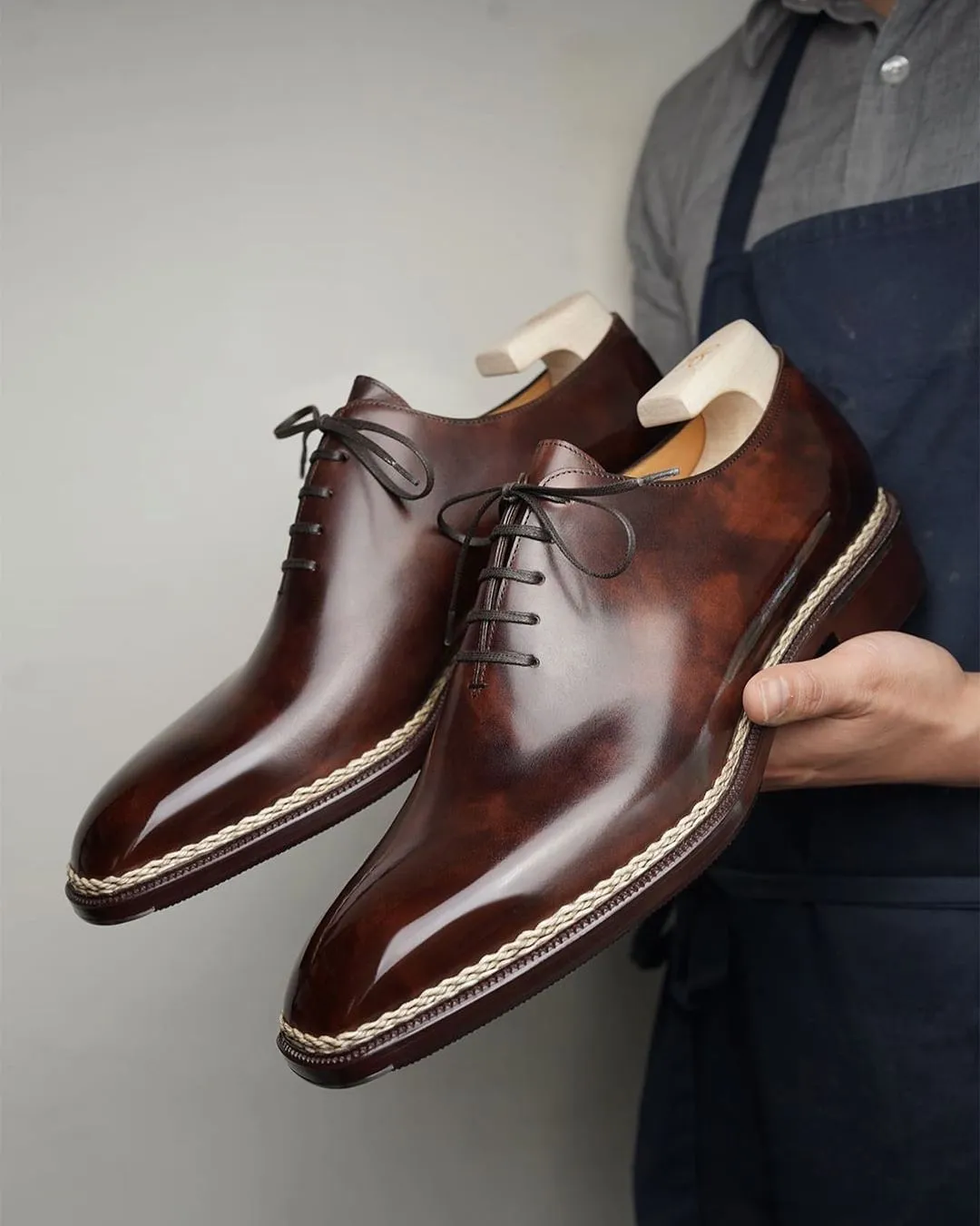 Height Increasing Brown Leather Mariselle Whole Cut White Stitched Oxfords - Formal Shoes - Summer 2024 Collection