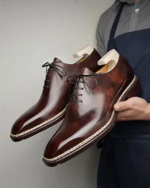 Height Increasing Brown Leather Mariselle Whole Cut White Stitched Oxfords - Formal Shoes - Summer 2024 Collection