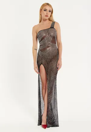 House of Holland Elegant One-Shoulder Sheer Black Gown with Rhinestone Detailing