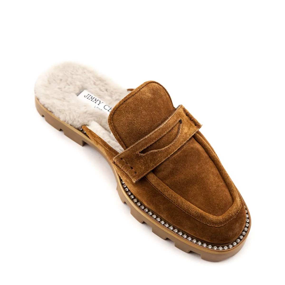 Jimmy Choo Tan Suede Crystal Embellished Shearling Mules Size US 8.5 | US 38.5